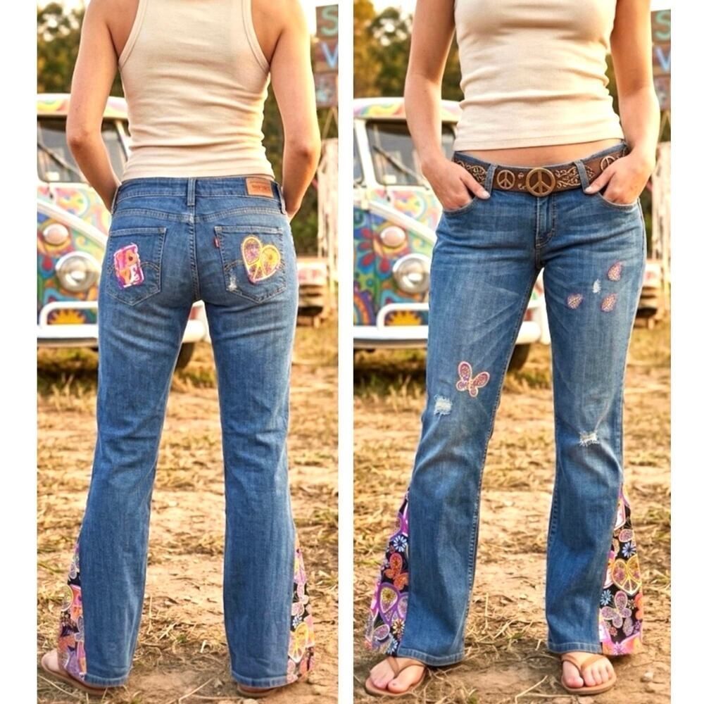 VTG Upcycled Levi’s 524 Too Superlow Jeans Patchwork Boho Bell Bottoms Y2K 14/16